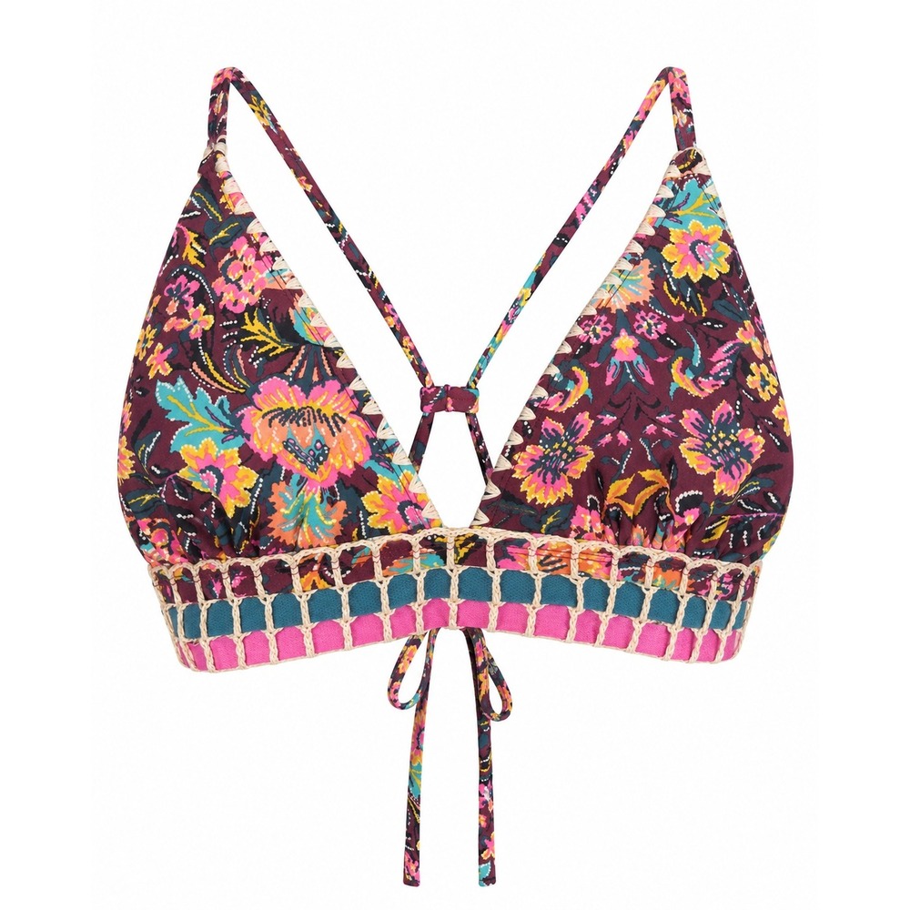 Crochet Trim Hippie Boho Bikini Top Womens D/DD Burgundy Floral 70s Style Resort